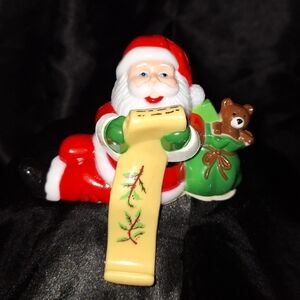 Vintage Celluloid Santa Stocking Holder~Shelf Sitter~Bag Of Toys~Teddy Bear~List